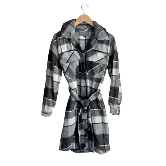 Blank NYC Flannel Jacket Size Small Gray Tie Front Black Buttoned Long Sleeve - Picture 3 of 10